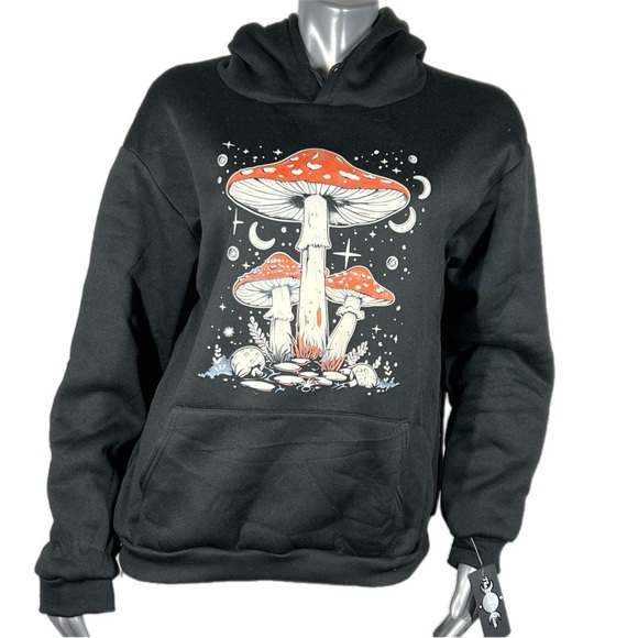 Black Fleece Lined Pullover Hoodie Sweatshirt Mushroom and Moon Designs - Picture 2 of 7